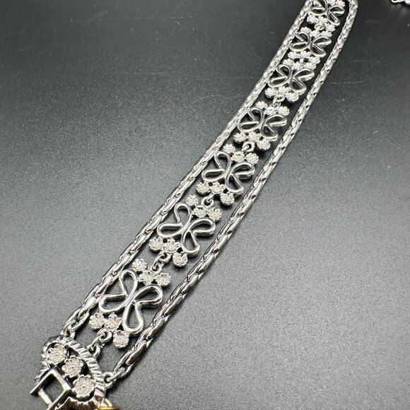 Vintage Monet Silver Tone Multi Strand Flower Bracelet Safety Chain Signed - Picture 12 of 15